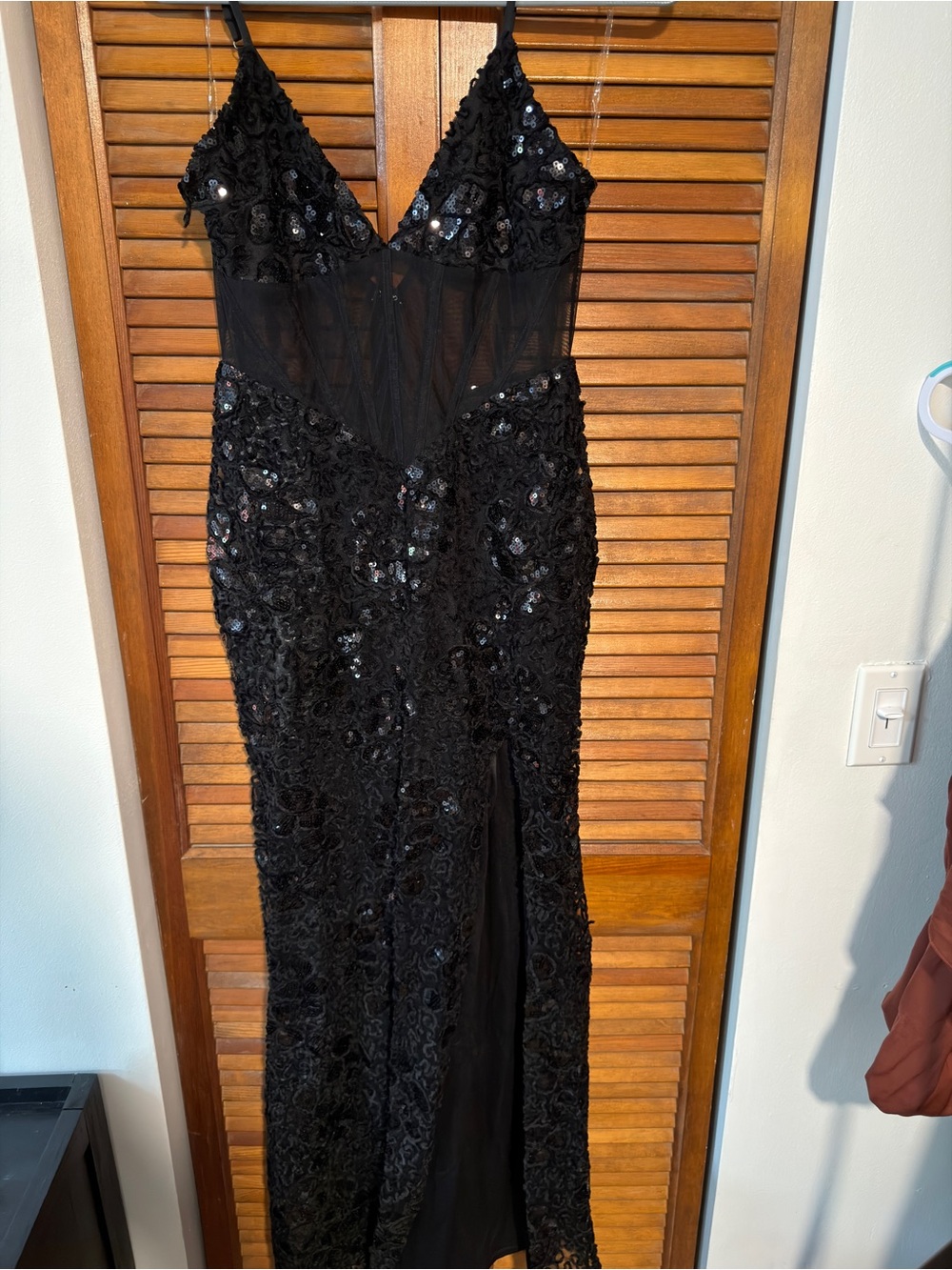 AKIRA Black Sequin Lace Mesh Evening Dress